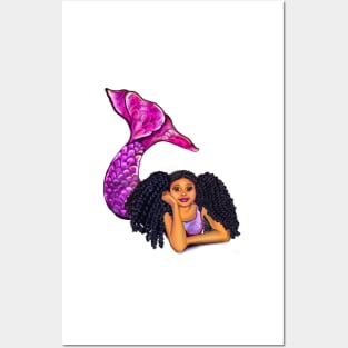 Magical rainbow mermaid lying on sand with brown eyes curly Afro hair and caramel skin, black mermaid Posters and Art